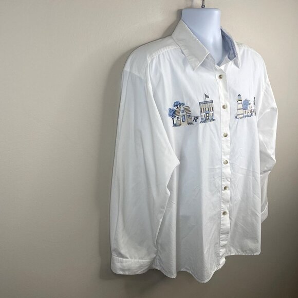 Vintage Womens Coastal Seaside Nantucket Button Up Top 16 Embroidered Lighthouse - Picture 8 of 10